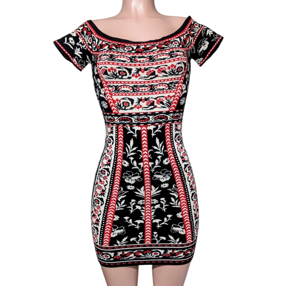 CHELSEA & VIOLET Anthropologie Red White Patterned Sweater Bodycon Mini Dress